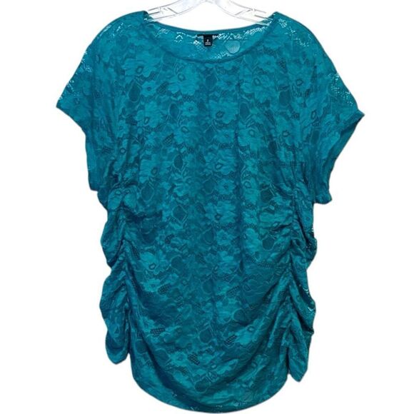 Torrid Aqua Blue/Green Stretch Lace Crew Neck Cinch Side Tee Size 2 2XL - Picture 4 of 14